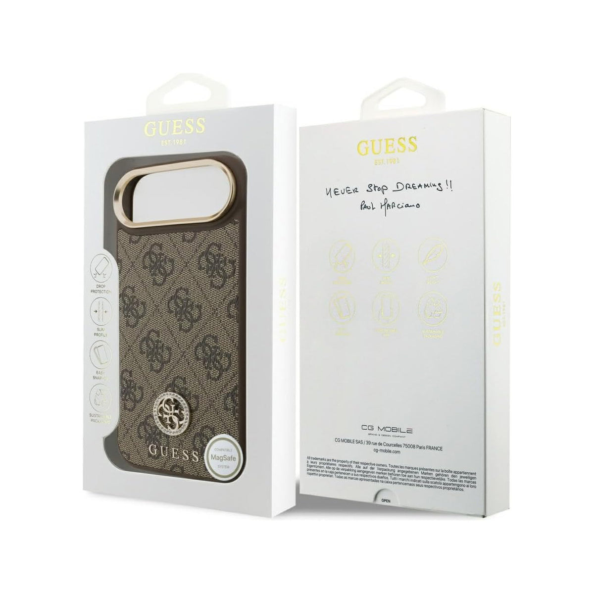 Guess iPhone 17 Air Case – Brown Faux Leather MagSafe Compatible Cover with 4G Rhinestone Logo, Drop Protection and Precise Fit