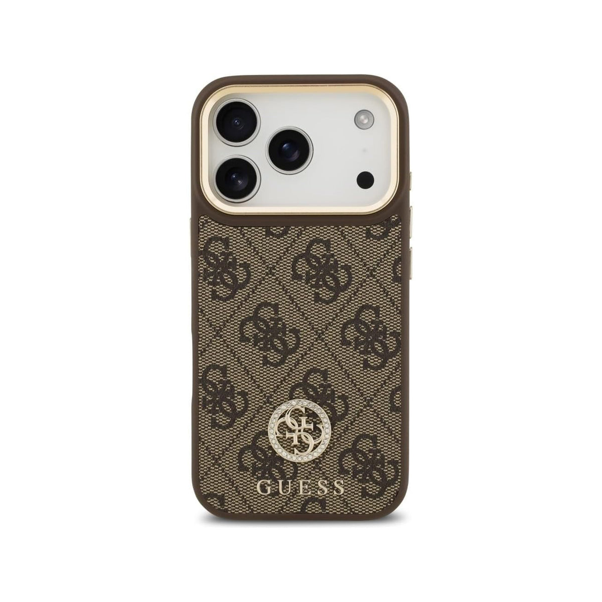 GUESS Funda de Polipiel con Logo 4G Strass para iPhone 17 Pro/18 Pro Compatible con MagSafe, Marrón