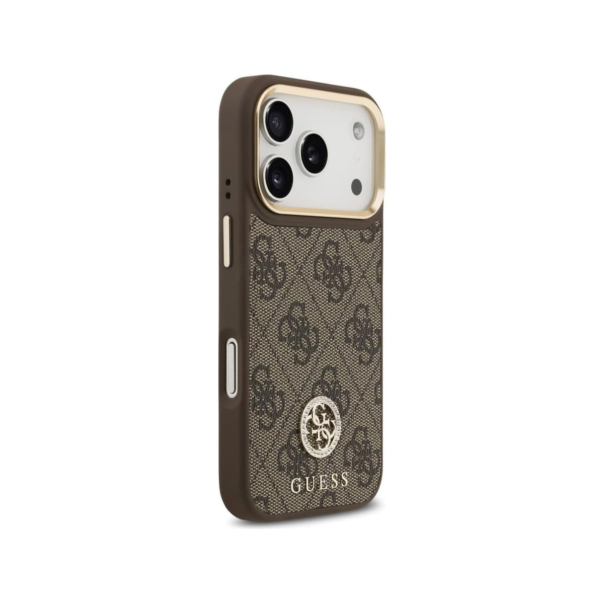 GUESS Funda de Polipiel con Logo 4G Strass para iPhone 17 Pro/18 Pro Compatible con MagSafe, Marrón
