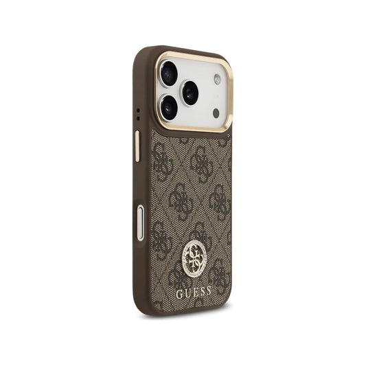 Guess Funda para iPhone 17 Pro – Carcasa de Polipiel Marrón Compatible con MagSafe con Logo 4G de Strass, Protección Anticaídas y Ajuste Preciso