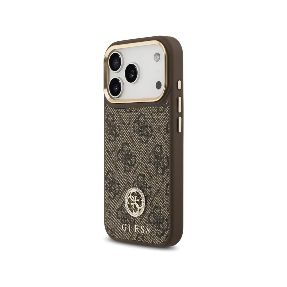 GUESS Funda de Polipiel con Logo 4G Strass para iPhone 17 Pro/18 Pro Compatible con MagSafe, Marrón
