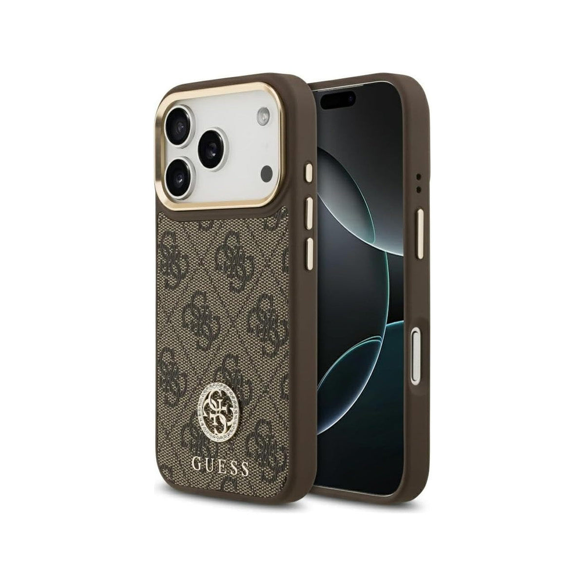 GUESS Funda de Polipiel con Logo 4G Strass para iPhone 17 Pro/18 Pro Compatible con MagSafe, Marrón
