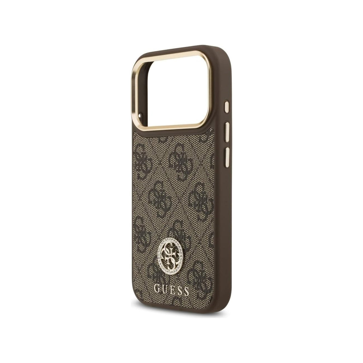 GUESS Funda de Polipiel con Logo 4G Strass para iPhone 17 Pro/18 Pro Compatible con MagSafe, Marrón