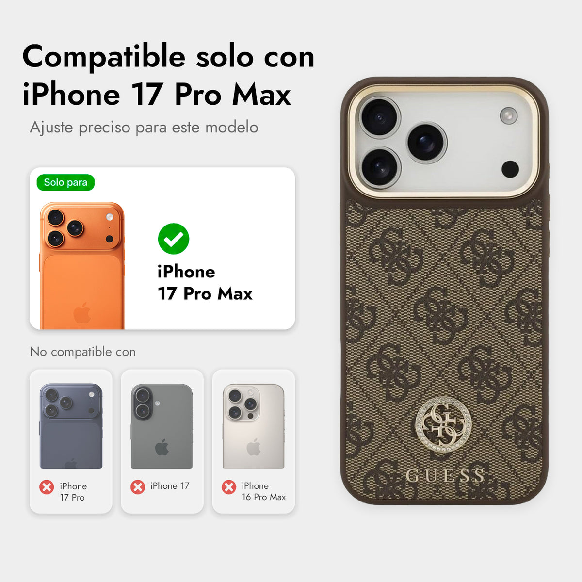 Guess Funda de Polipiel Logo 4G Strass para iPhone 17 Pro Max/18 Pro Max Compatible con MagSafe y Protección Anticaídas, Marrón