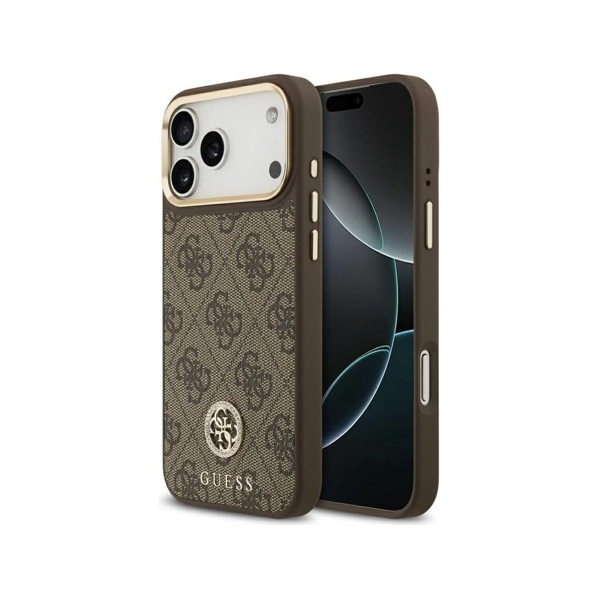 Guess Funda de Polipiel Logo 4G Strass para iPhone 17 Pro Max/18 Pro Max Compatible con MagSafe y Protección Anticaídas, Marrón