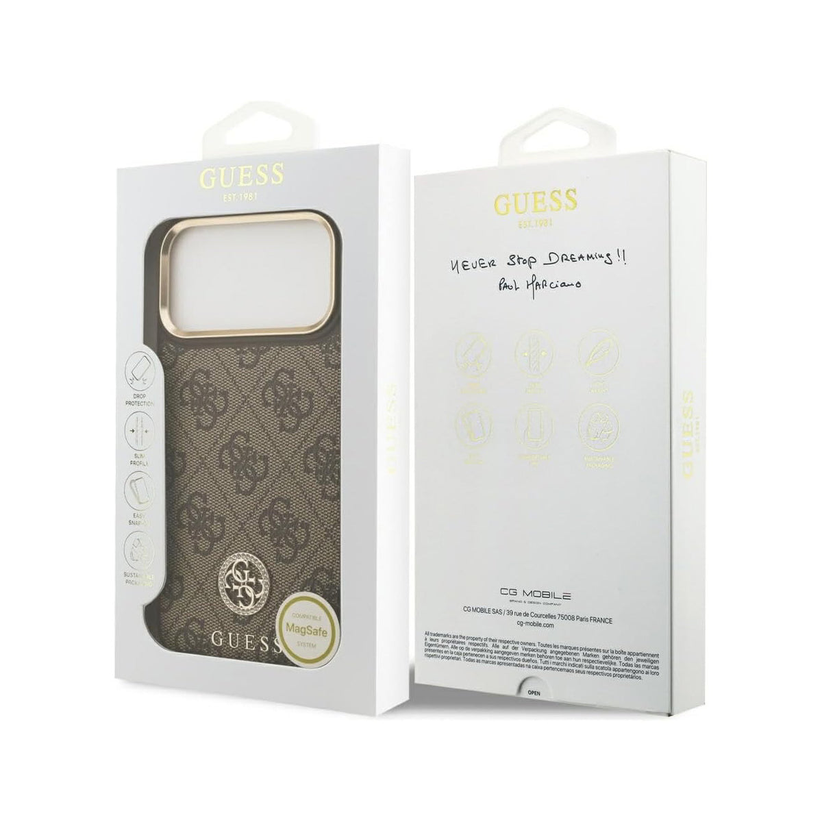 Guess Funda de Polipiel Logo 4G Strass para iPhone 17 Pro Max/18 Pro Max Compatible con MagSafe y Protección Anticaídas, Marrón