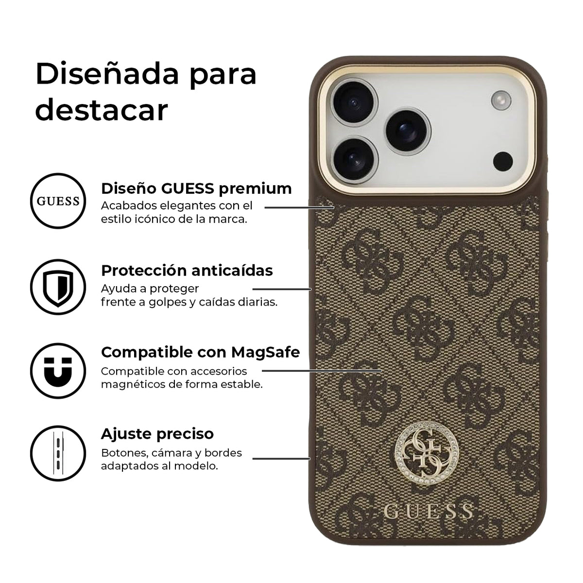 Guess Funda de Polipiel Logo 4G Strass para iPhone 17 Pro Max/18 Pro Max Compatible con MagSafe y Protección Anticaídas, Marrón