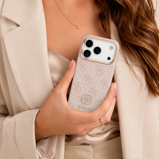 Guess Funda de Polipiel Logo 4G Strass para iPhone 17 Pro con Protección Anticaídas, Rosa