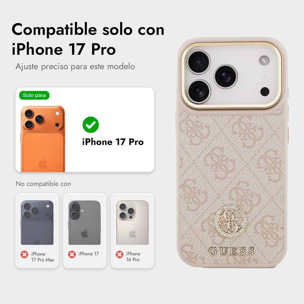 Guess Funda de Polipiel Logo 4G Strass para iPhone 17 Pro con Protección Anticaídas, Rosa