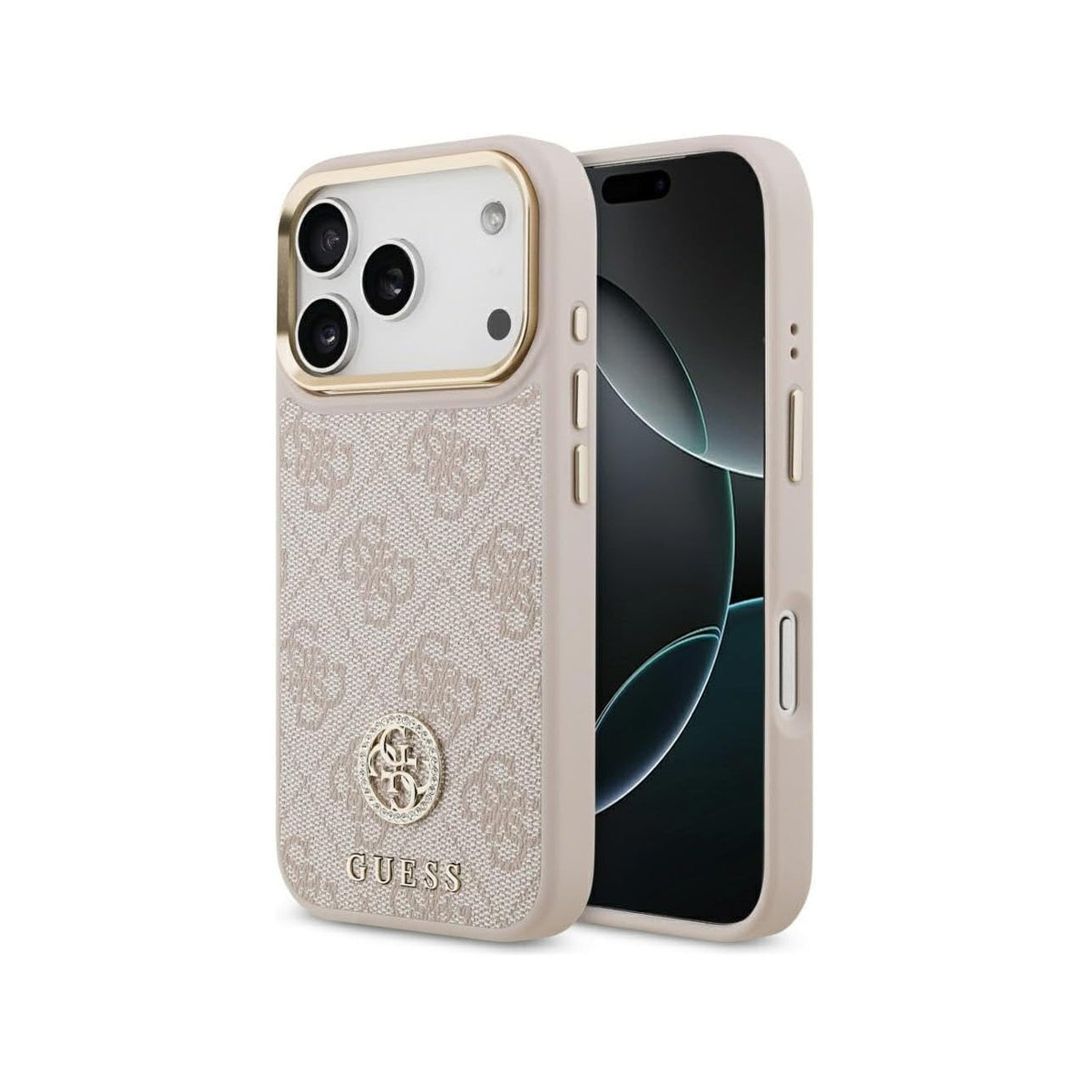 Guess Funda de Polipiel Logo 4G Strass para iPhone 17 Pro con Protección Anticaídas, Rosa