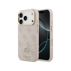 Guess Funda para iPhone 17 Pro – Carcasa de Polipiel Rosa con Logo 4G Strass, Protección Anticaídas y Ajuste Preciso