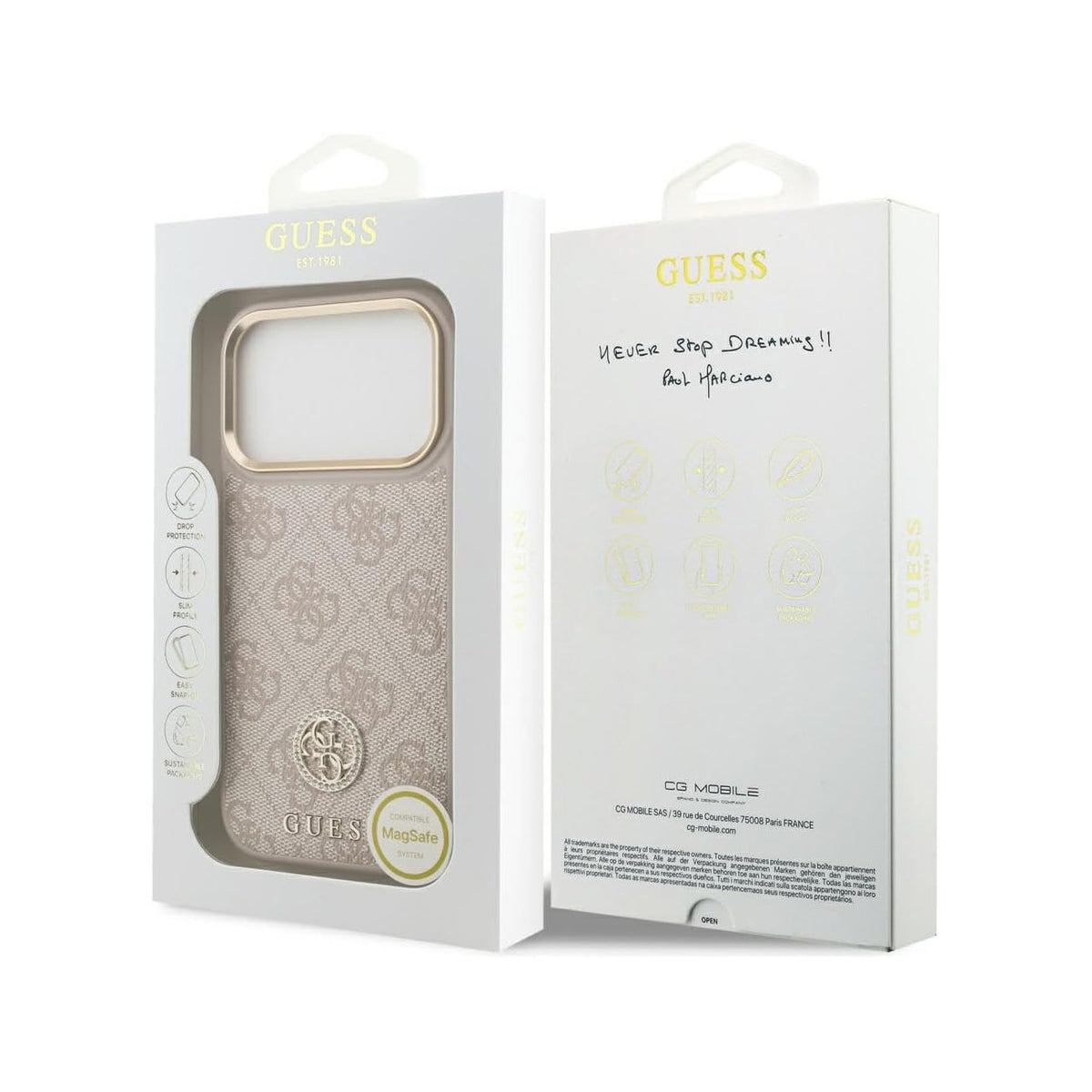 Guess Funda de Polipiel Logo 4G Strass para iPhone 17 Pro con Protección Anticaídas, Rosa