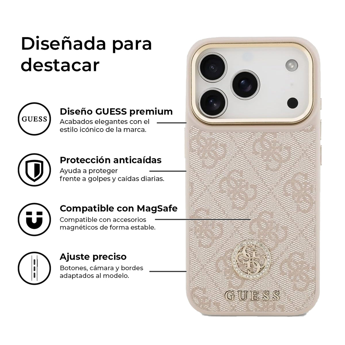 Guess Funda de Polipiel Logo 4G Strass para iPhone 17 Pro con Protección Anticaídas, Rosa