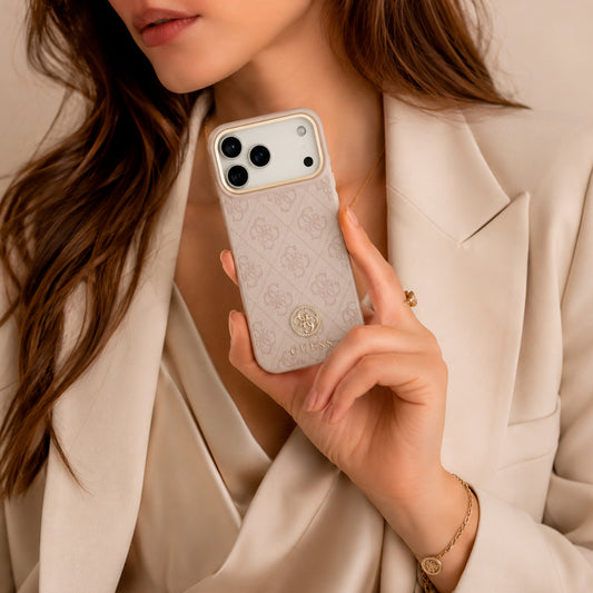 Guess Funda de Polipiel Logo 4G Strass para iPhone 17 Pro Max con Protección Anticaídas, Rosa