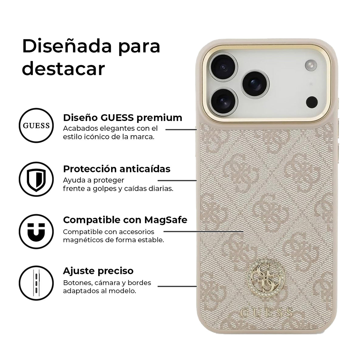 Guess Funda de Polipiel Logo 4G Strass para iPhone 17 Pro Max/18 Pro Max con Protección Anticaídas, Rosa