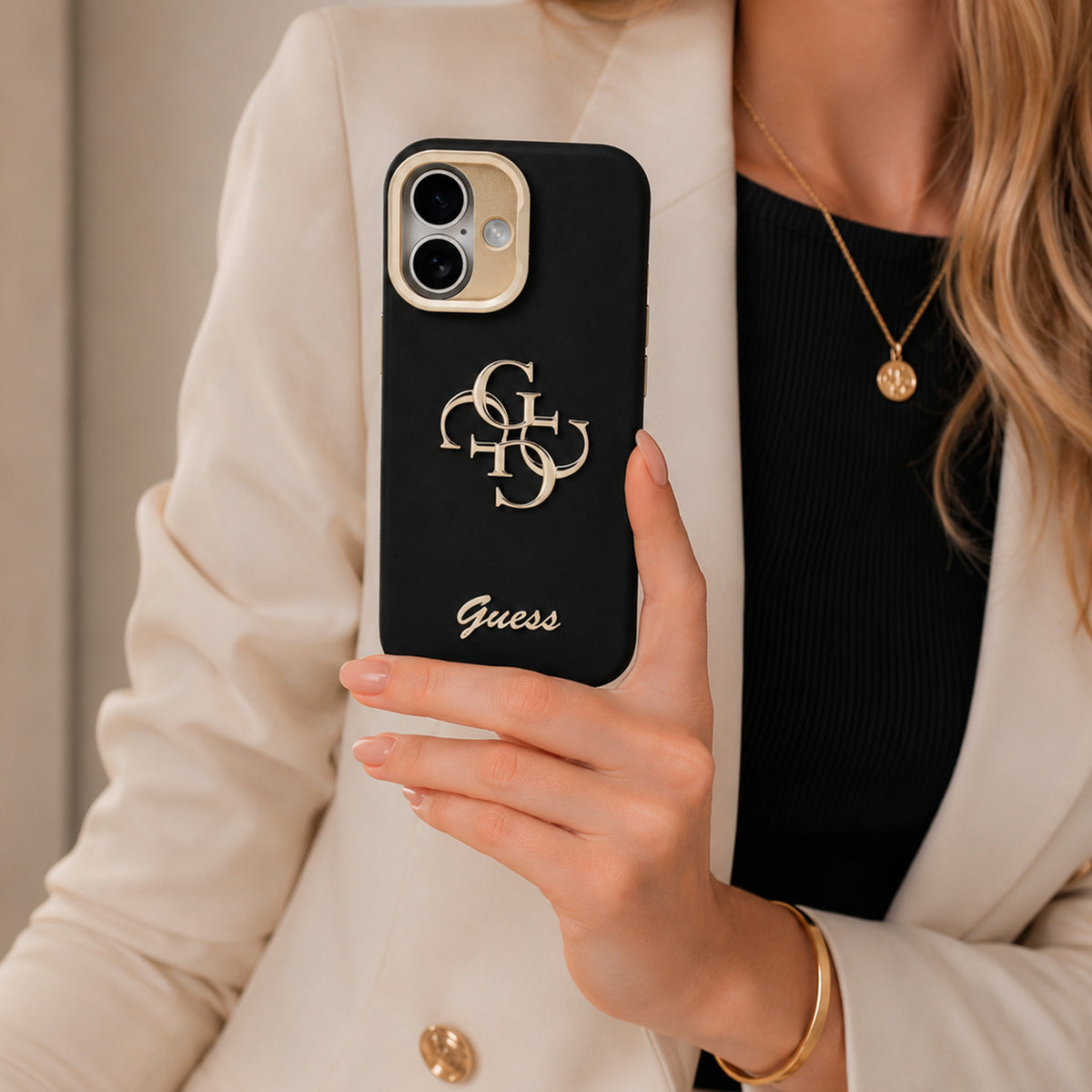 Guess iPhone 17 Case – Black Grained Effect Case with Stand and Logo, Drop Protection, and Precise Fit