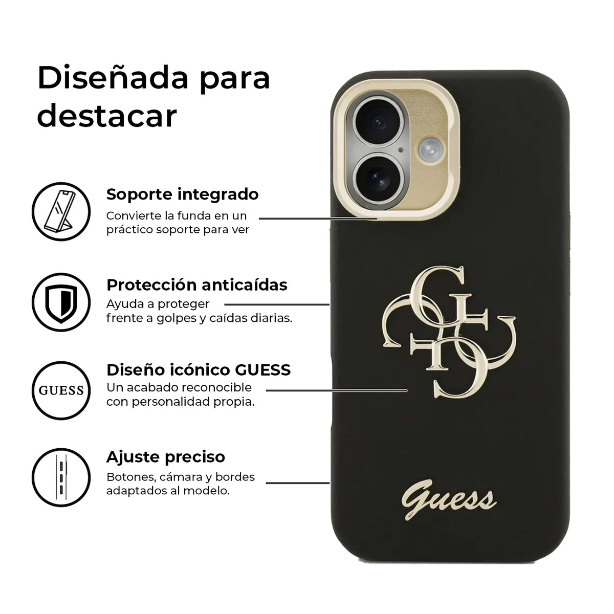 Guess iPhone 17 Case – Black Grained Effect Case with Stand and Logo, Drop Protection, and Precise Fit