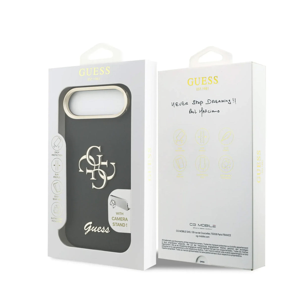 GUESS iPhone 17 Air Case – Black Grain Effect Case with Logo and Stand, Functional Design and Precise Fit