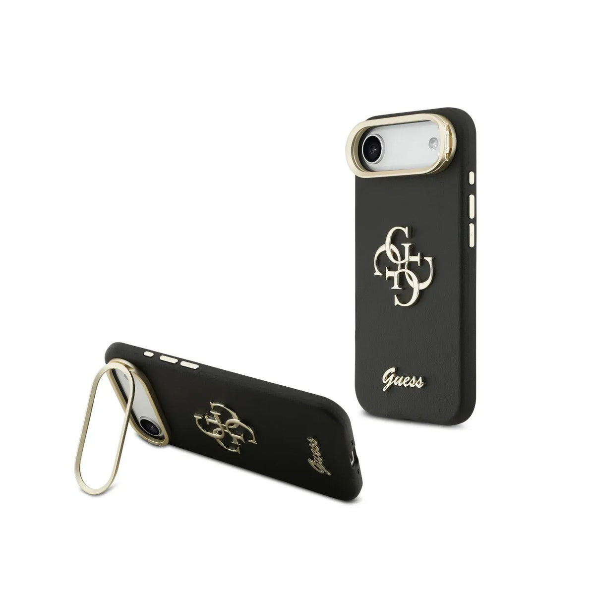 GUESS iPhone 17 Air Case – Black Grain Effect Case with Logo and Stand, Functional Design and Precise Fit