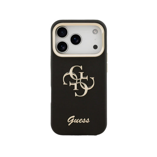 GUESS Funda para iPhone 17 Pro Max – Carcasa Efecto Granulado Negra con Logo y Soporte, Diseño Funcional y Ajuste Preciso