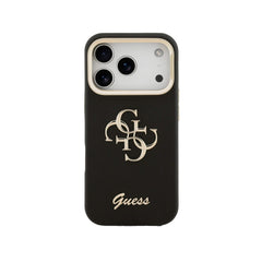 GUESS Funda para iPhone 17 Pro – Carcasa Efecto Granulado Negra con Logo y Soporte, Diseño Funcional y Ajuste Preciso
