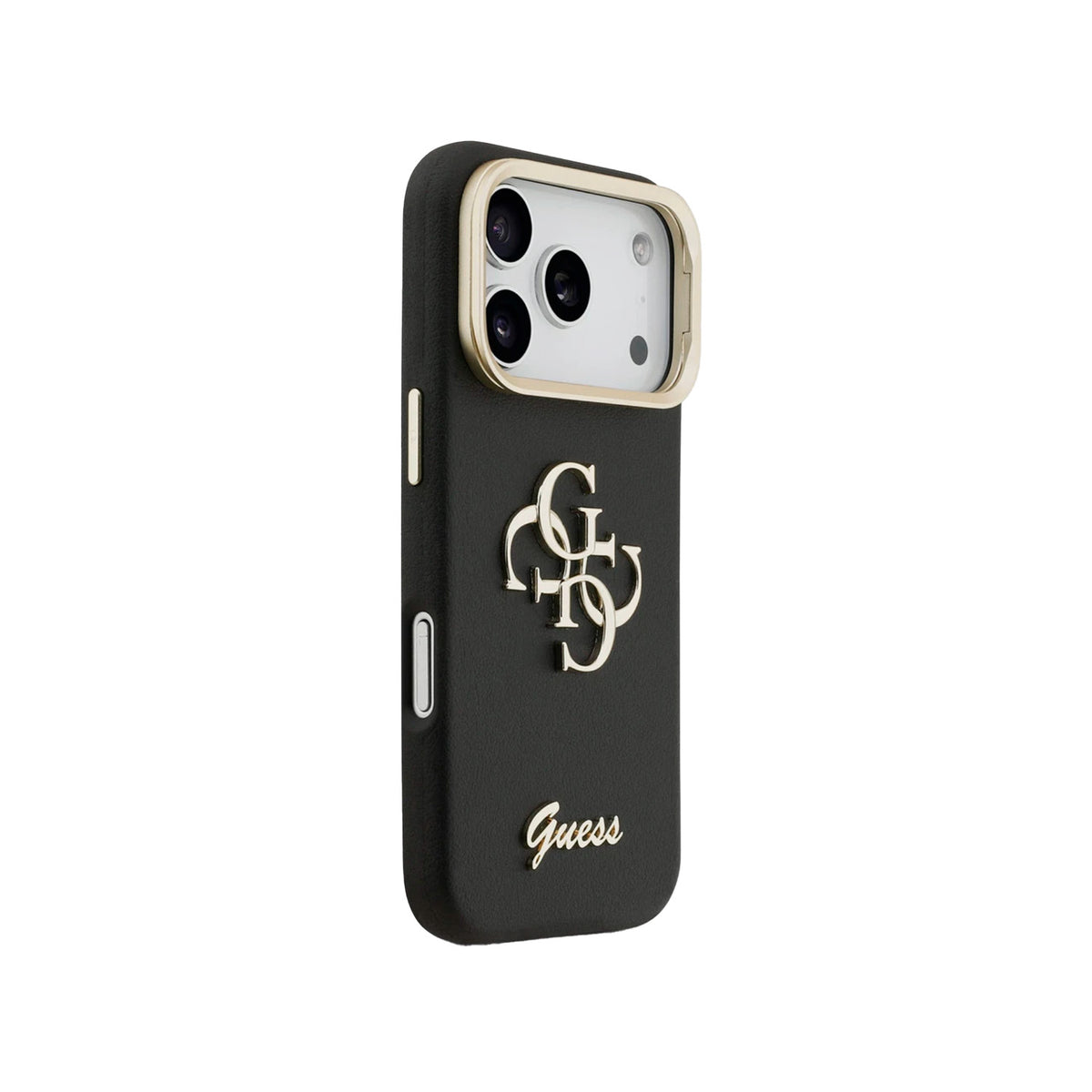 GUESS Funda Efecto Granulado con Logo 4G para iPhone 17 Pro/18 Pro con Soporte Integrado, Negra