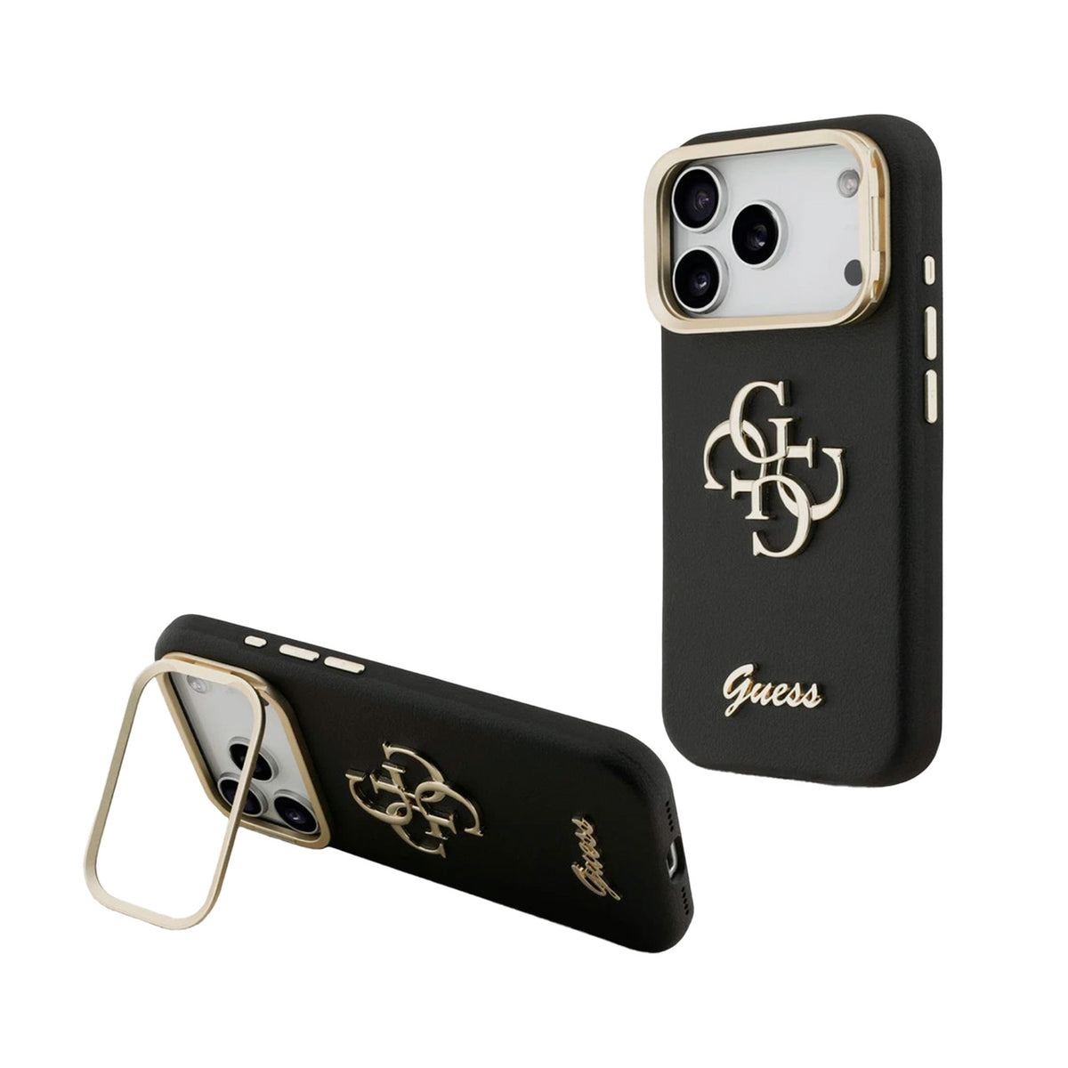 GUESS Funda Efecto Granulado con Logo 4G para iPhone 17 Pro/18 Pro con Soporte Integrado, Negra