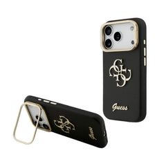 GUESS Funda para iPhone 17 Pro Max – Carcasa Efecto Granulado Negra con Logo y Soporte, Diseño Funcional y Ajuste Preciso