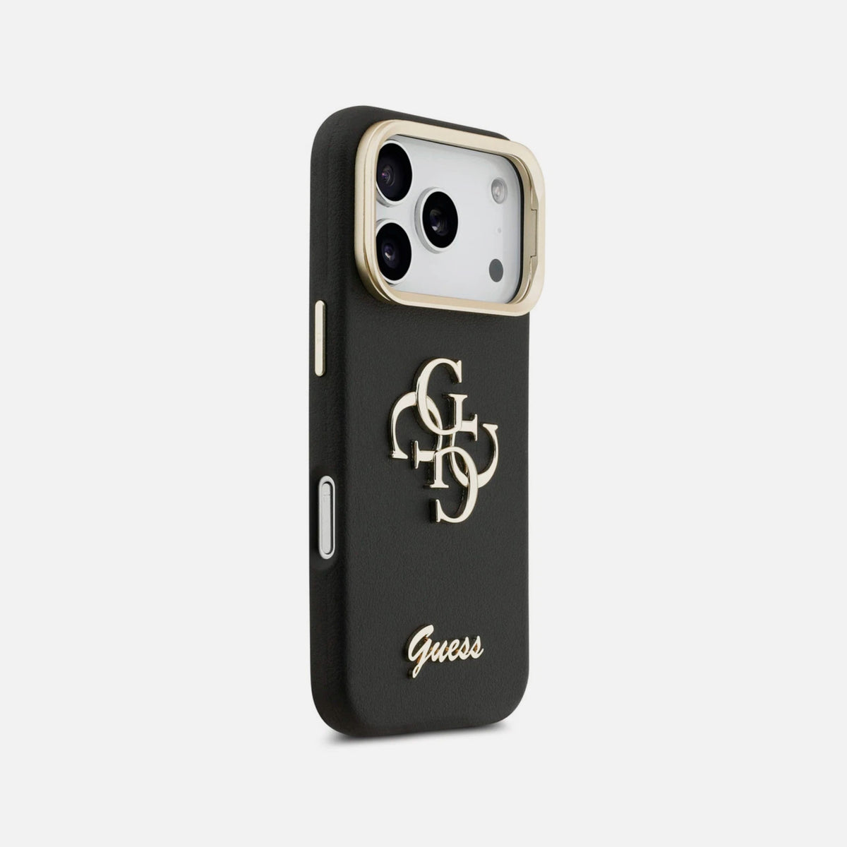 GUESS Funda Efecto Granulado Logo 4G para iPhone 17 Pro Max/18 Pro Max con Soporte Integrado, Negra