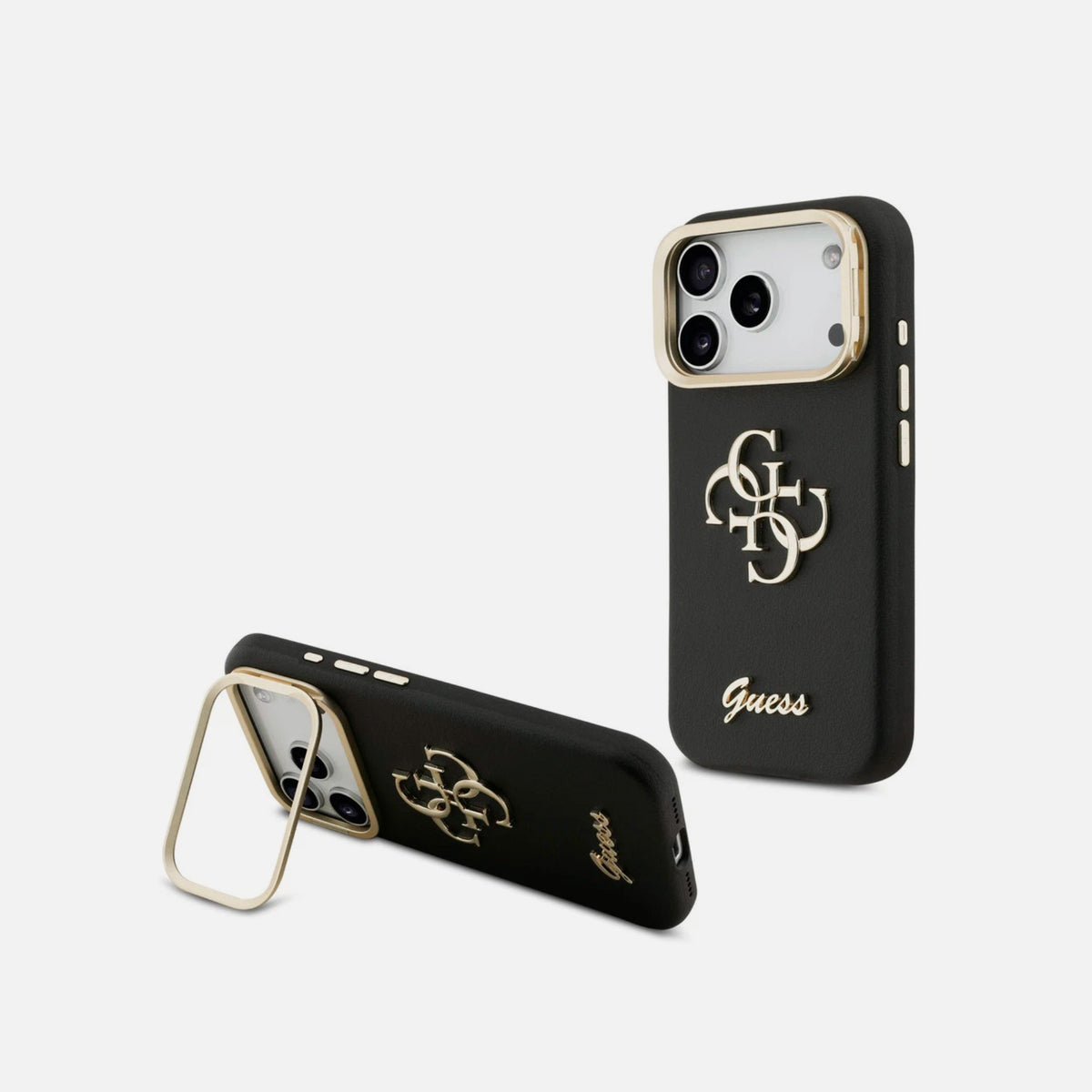 GUESS Funda Efecto Granulado Logo 4G para iPhone 17 Pro Max/18 Pro Max con Soporte Integrado, Negra