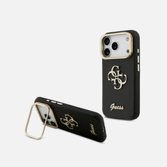 GUESS Funda Efecto Granulado Logo 4G para iPhone 17 Pro Max con Soporte Integrado, Negra