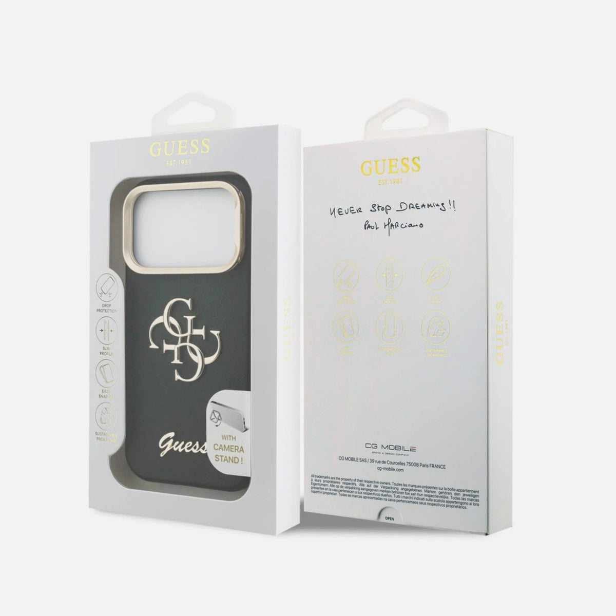 GUESS Funda Efecto Granulado Logo 4G para iPhone 17 Pro Max/18 Pro Max con Soporte Integrado, Negra