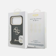 GUESS Funda para iPhone 17 Pro Max – Carcasa Efecto Granulado Negra con Logo y Soporte, Diseño Funcional y Ajuste Preciso
