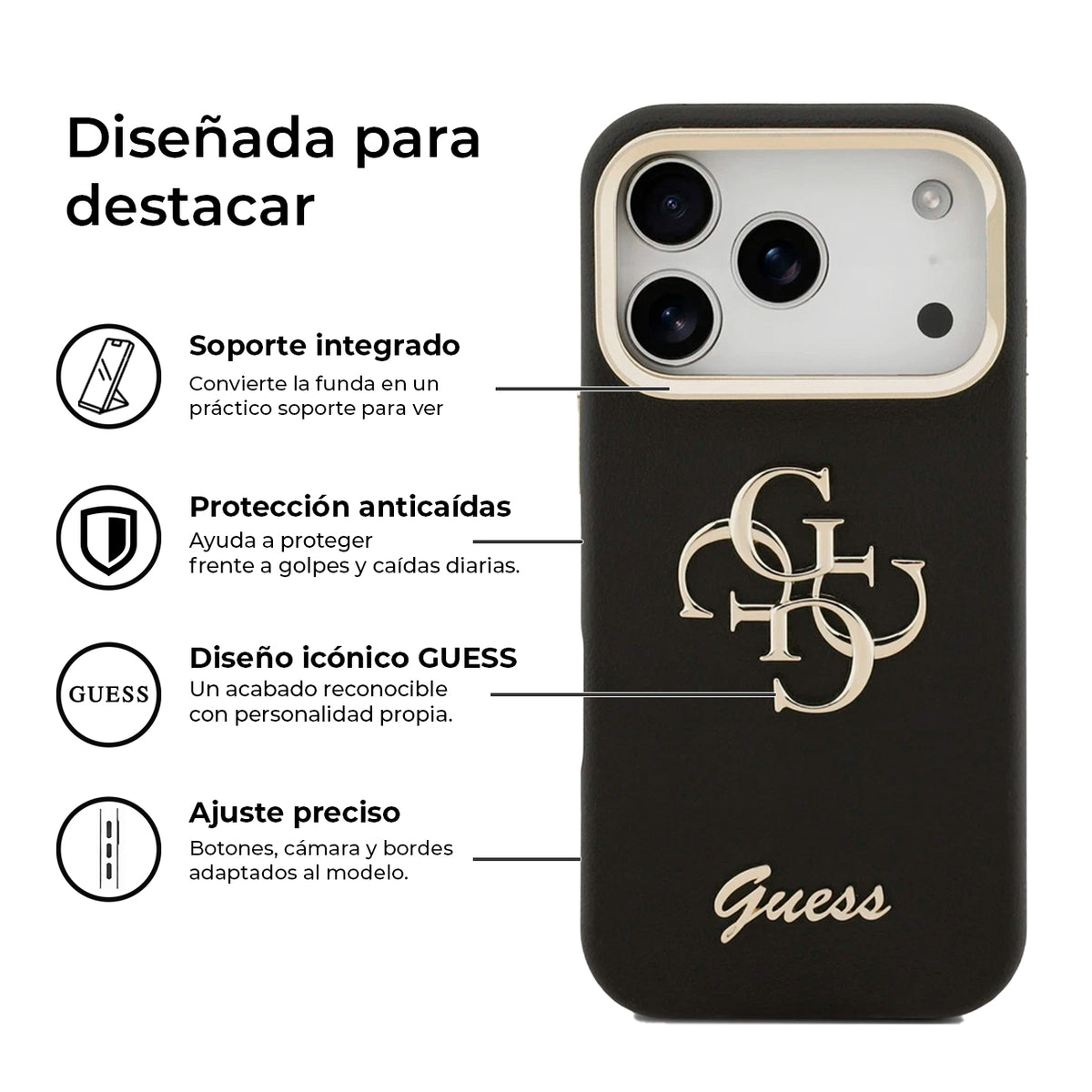 GUESS Funda Efecto Granulado Logo 4G para iPhone 17 Pro Max/18 Pro Max con Soporte Integrado, Negra