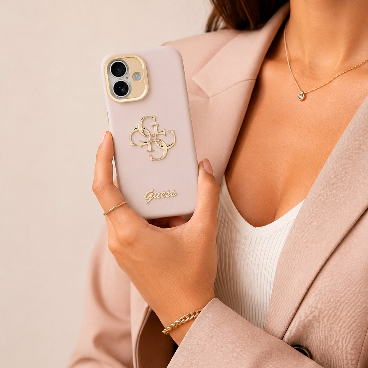 Guess Funda Efecto Granulado Logo 4G para iPhone 17 con Soporte y Protección Anticaídas, Rosa