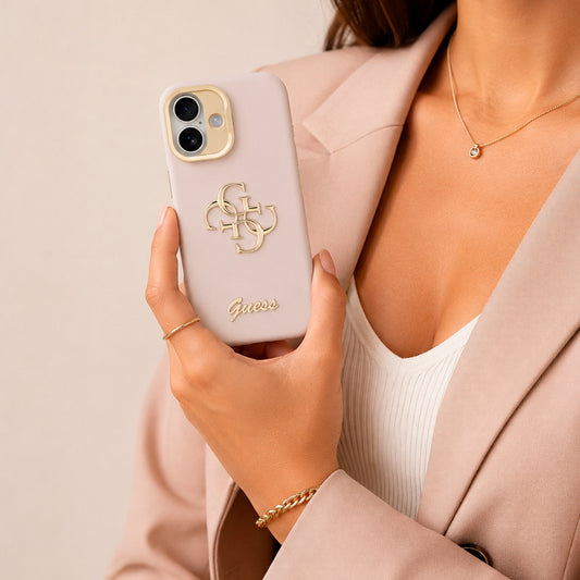 Guess Funda Efecto Granulado Logo 4G para iPhone 17 con Soporte y Protección Anticaídas, Rosa