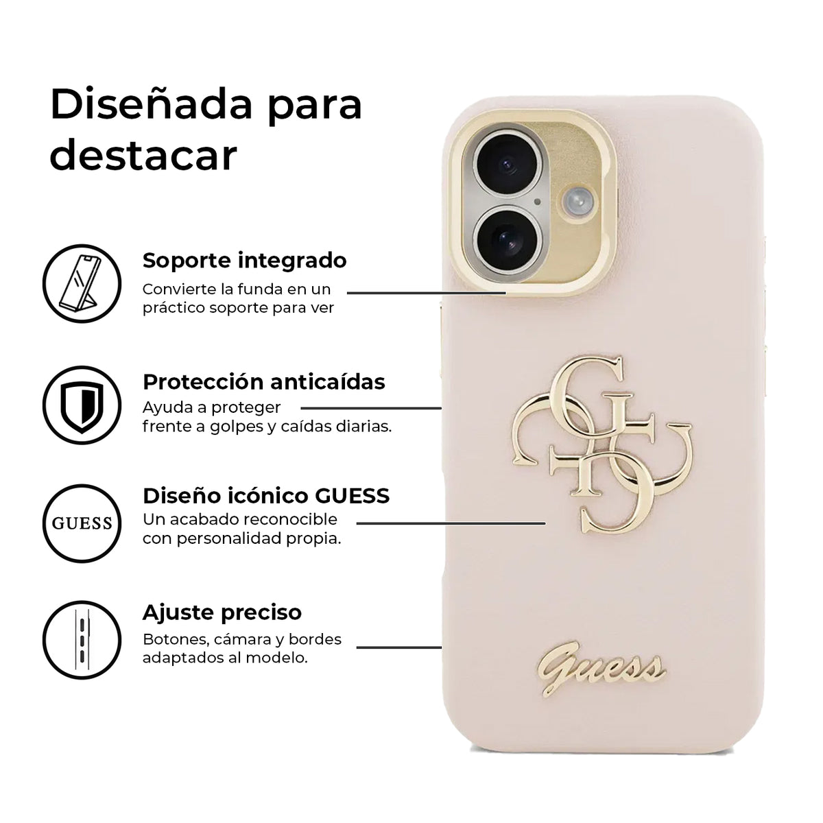 Guess Funda Efecto Granulado Logo 4G para iPhone 17 con Soporte y Protección Anticaídas, Rosa