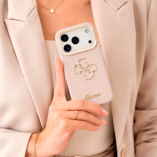 Guess Funda Efecto Granulado Logo Clásico para iPhone 17 Pro Max con Soporte Integrado y Protección Anticaídas, Rosa