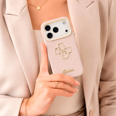Guess Funda Efecto Granulado Logo Clásico para iPhone 17 Pro Max con Soporte Integrado y Protección Anticaídas, Rosa