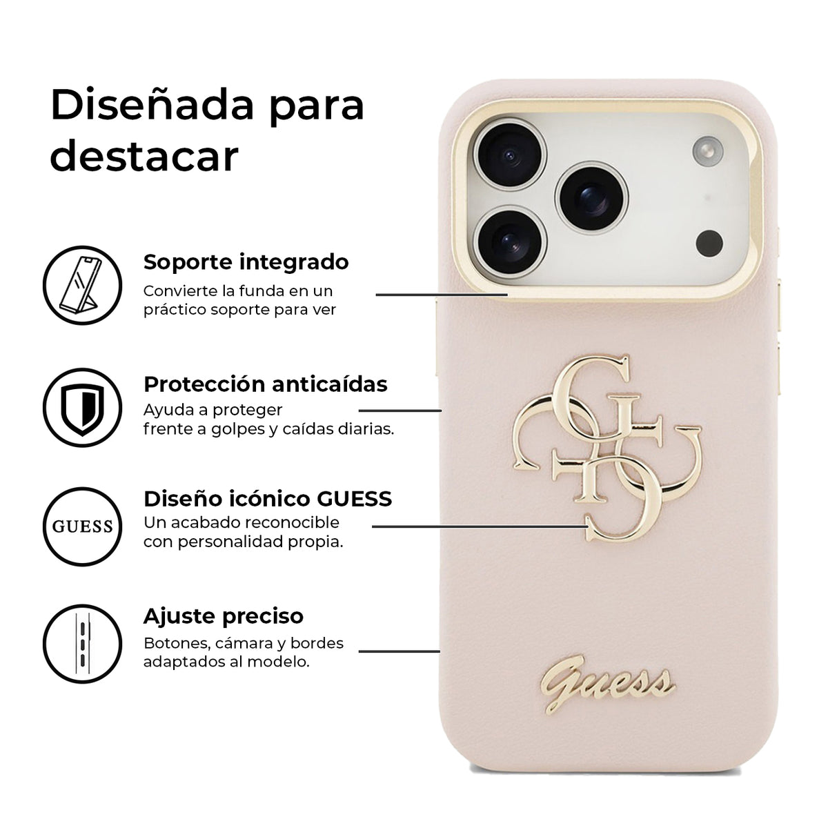Guess Funda Efecto Granulado Logo Clásico para iPhone 17 Pro Max/18 Pro Max con Soporte Integrado y Protección Anticaídas, Rosa