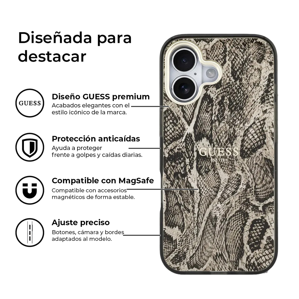 Guess Funda Estampado Pitón para iPhone 17 Compatible con MagSafe y Protección Anticaídas, Marrón