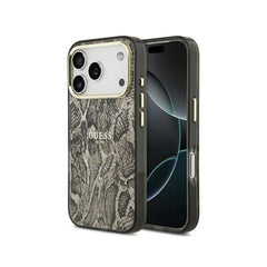 GUESS Funda para iPhone 17 Pro – Carcasa PC+TPU con MagSafe Estampado Pitón Marrón, Diseño Elegante y Ajuste Preciso