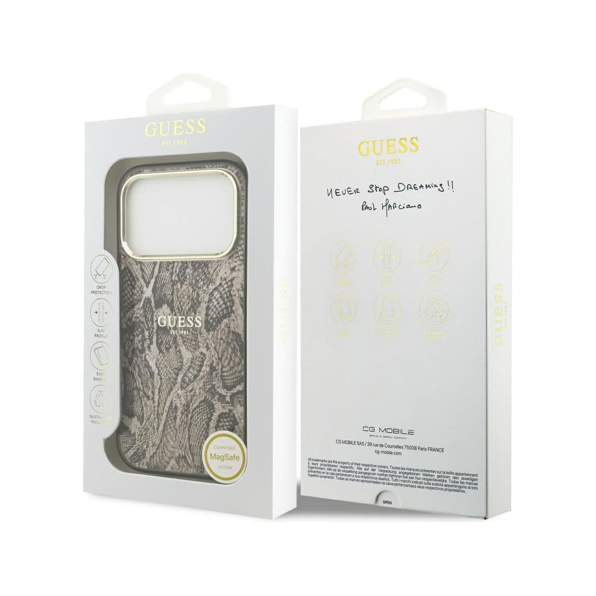 Guess Funda Estampado Pitón para iPhone 17 Pro Max/18 Pro Max Compatible con MagSafe y Protección Anticaídas, Marrón
