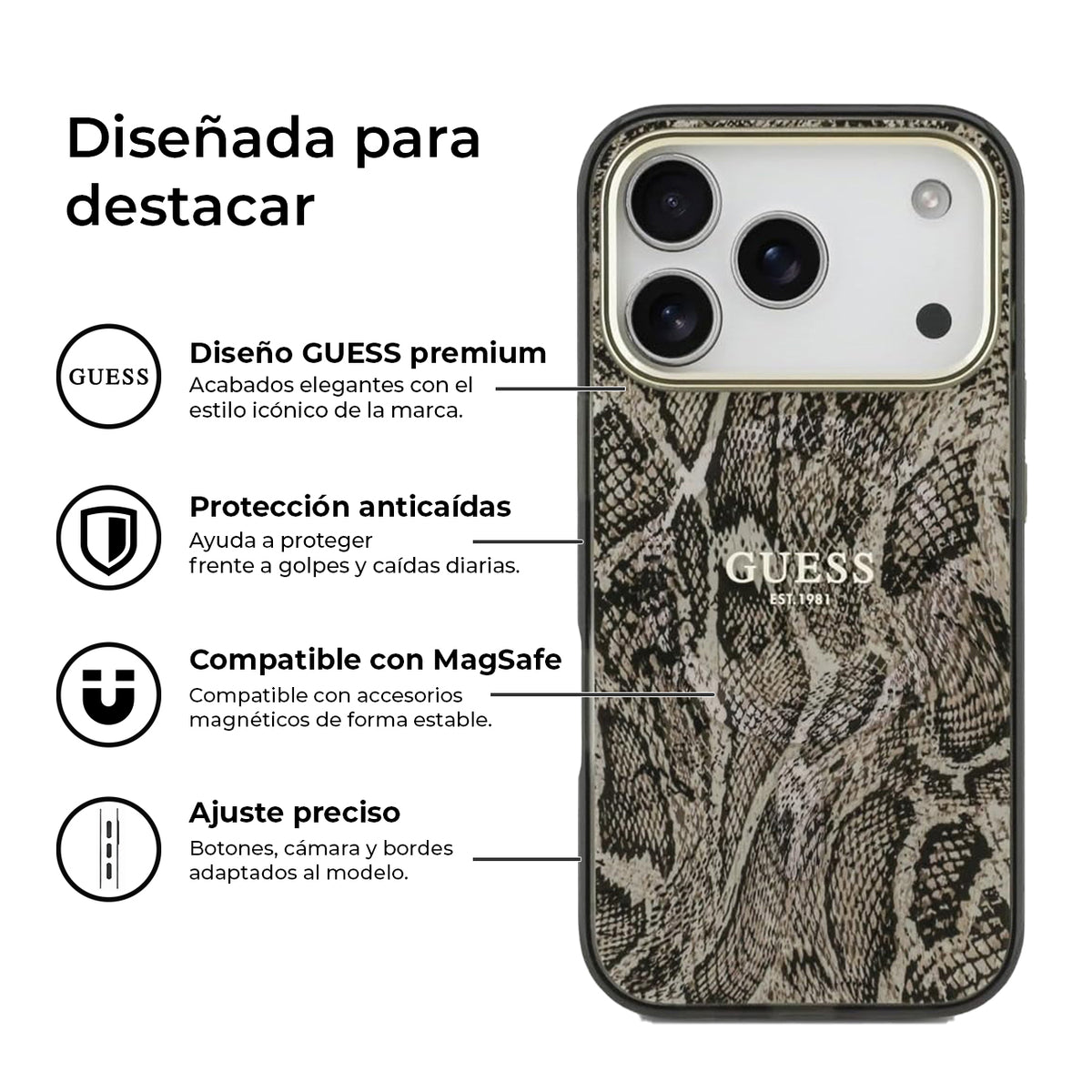 Guess Funda Estampado Pitón para iPhone 17 Pro Max/18 Pro Max Compatible con MagSafe y Protección Anticaídas, Marrón