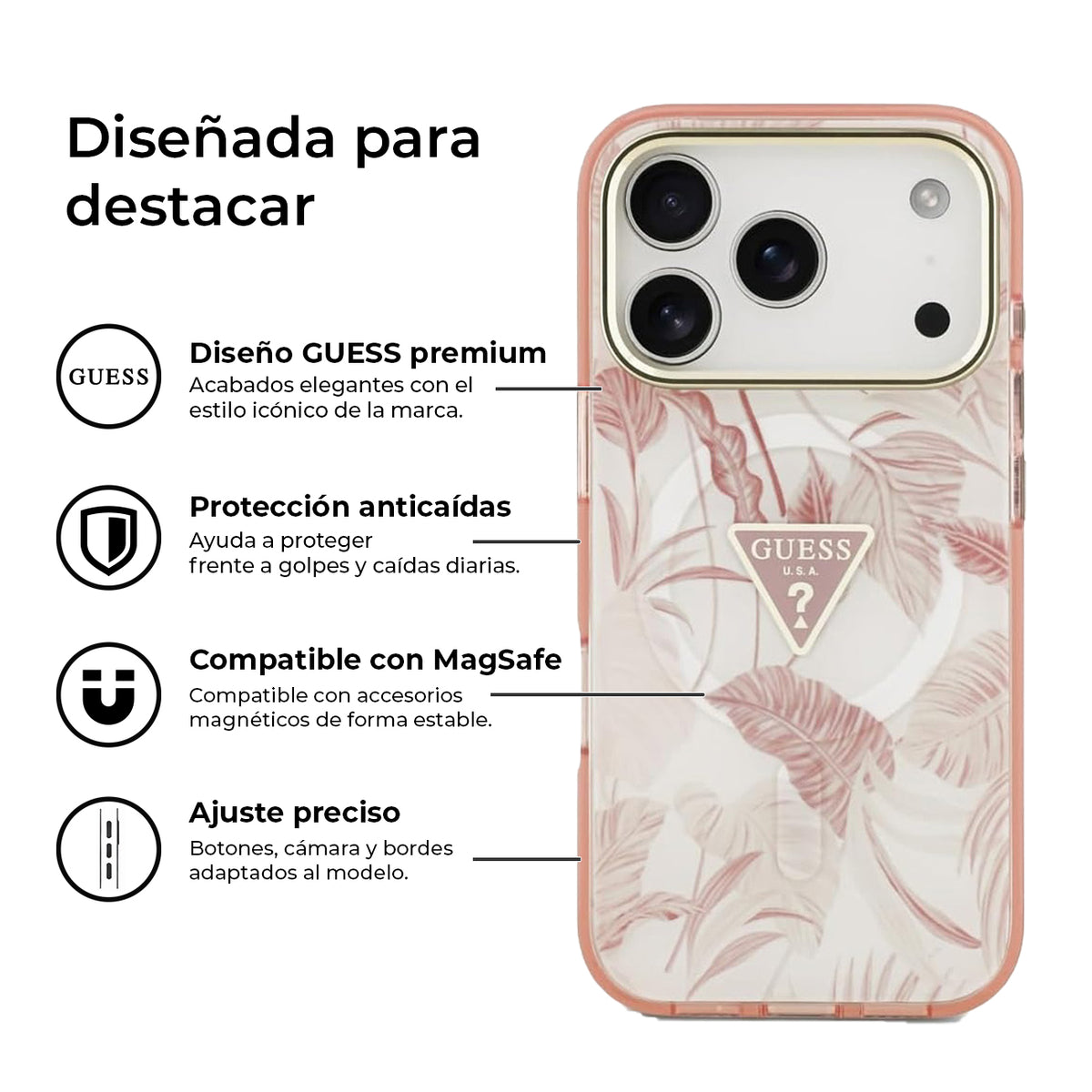 Guess iPhone 17 Pro Case – PC + TPU Case Compatible with MagSafe, Pink Jungle Print and Drop Protection