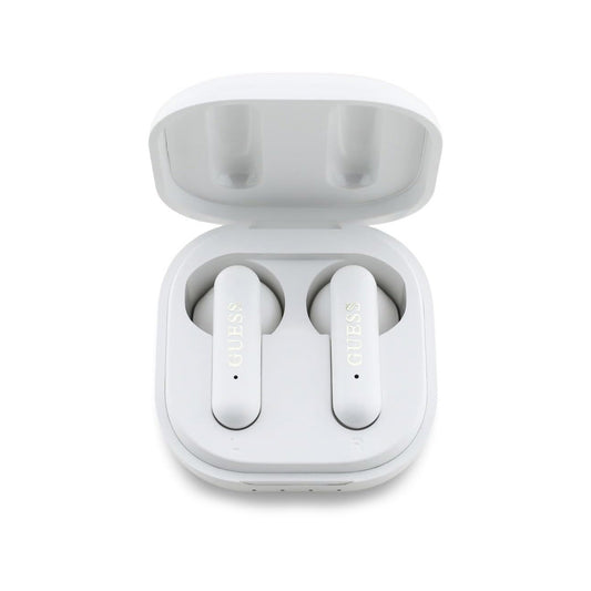 Guess Auriculares TWS Inalámbricos – Auriculares Blancos con Logo 4G Dorado, Conexión Bluetooth Estable y Estuche de Carga