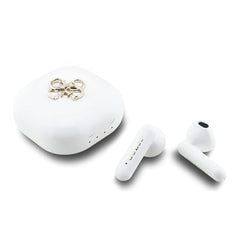 Guess Auriculares TWS Inalámbricos – Auriculares Blancos con Logo 4G Dorado, Conexión Bluetooth Estable y Estuche de Carga