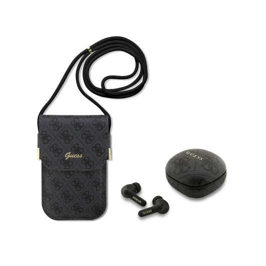 Guess Pack Phone and TWS Earphones Bag – Black Faux Leather Bag with 4G Logo and Wireless Earphones, Stable Bluetooth Connection and Elegant Design