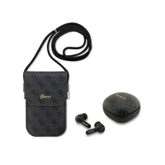 Guess Pack Bolso para Teléfono y Auriculares TWS – Bolso de Polipiel Negro con Logo 4G y Auriculares Inalámbricos, Conexión Bluetooth Estable y Diseño Elegante