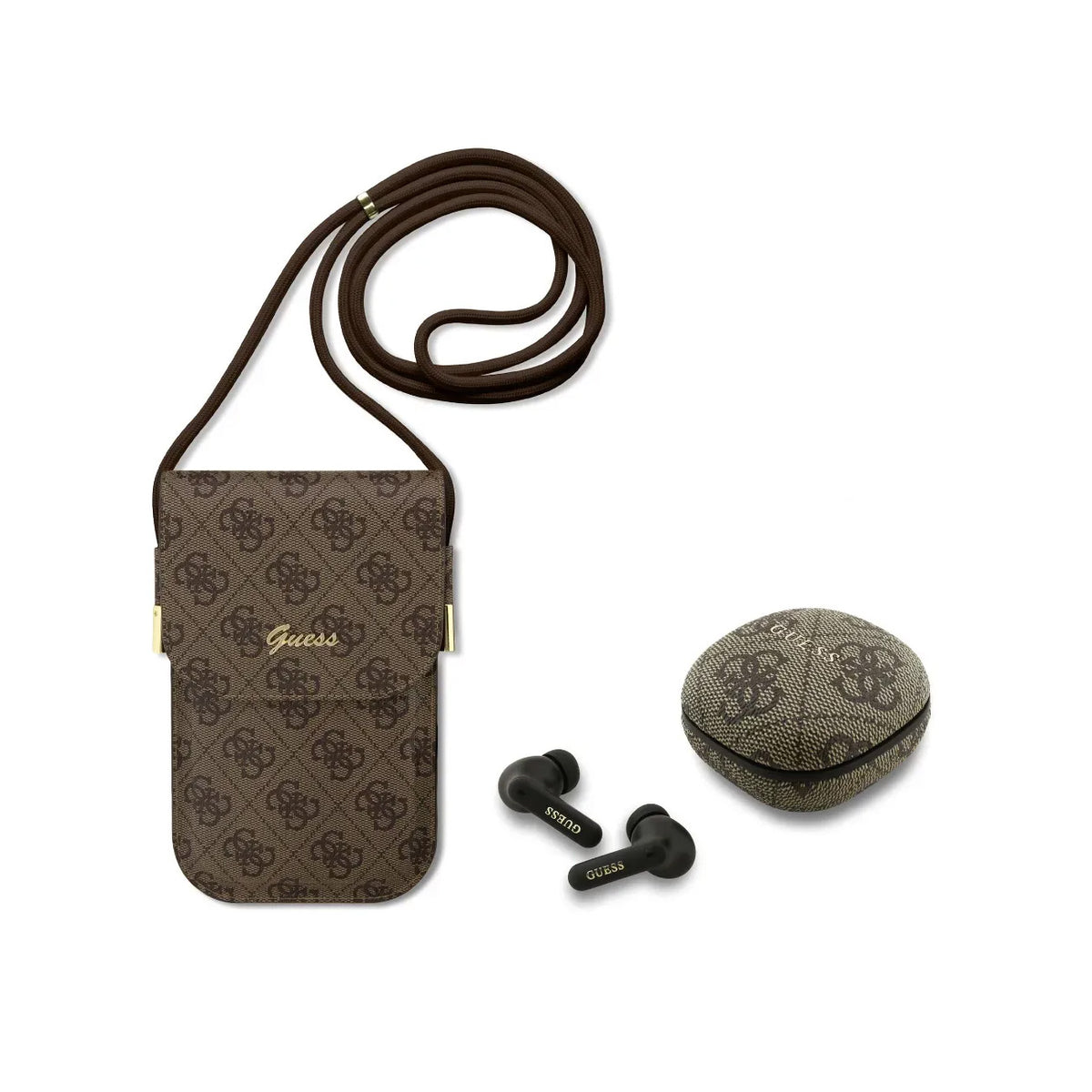 Guess Pack Bolso para Teléfono y Auriculares TWS – Bolso de Polipiel Marrón con Logo 4G y Auriculares Inalámbricos, Conexión Bluetooth Estable y Diseño Elegante
